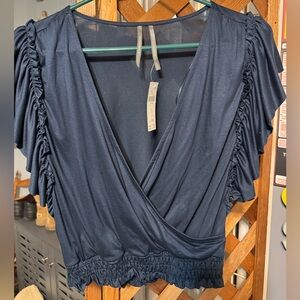Anthropologie Navy Ruched Blouse